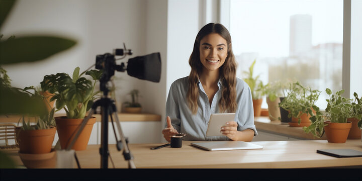 smiling woman blogger making a video