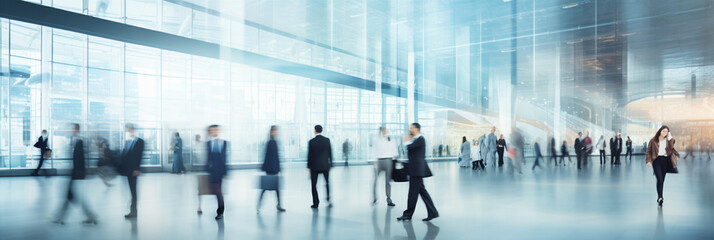 blurred business people walking at a trade fair