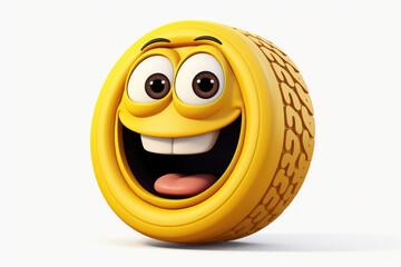 A yellow cartoon tire with a big grin isolated on a white background. 
