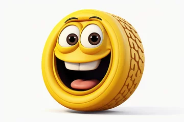 Printed kitchen splashbacks Cartoon cars A yellow cartoon tire with a big grin isolated on a white background. 