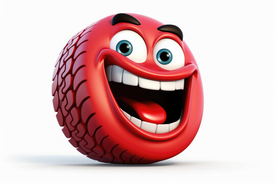 Red tire laughing: A red cartoon rim with a big grin isolated on a white background.