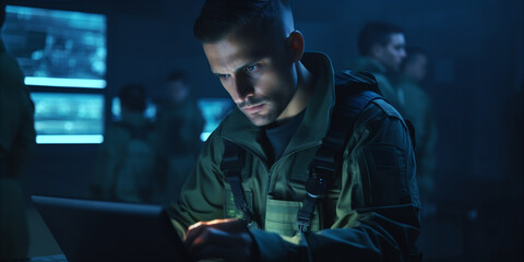A soldier in uniform analyzes data on a tablet and works - obrazy, fototapety, plakaty
