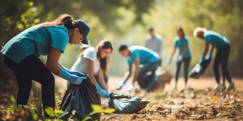 A team of young and diverse volunteers remove trash to clean up the environment