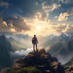 Male tourist on top of a gray mountain in the fog in autumn