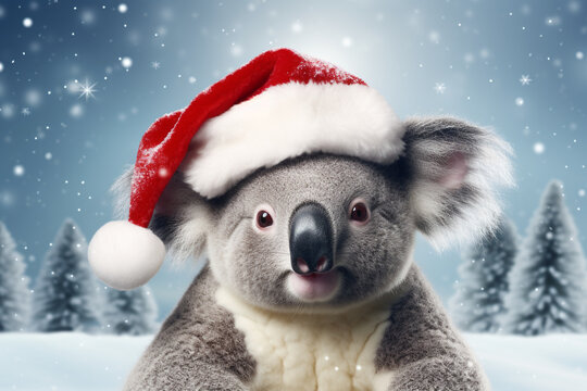 koala wearing santa claus hat snow background