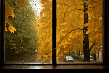 Autumnal rain through park window, with yellow leaves. Generative AI