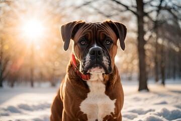 Boxer outdoors in a park in winter snowy season during late winter sunset with a sun flares in the background.