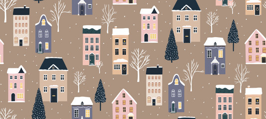 Winter city pattern, christmas seamless background, european houses and trees, falling snow on brown kraft paper - 657025538
