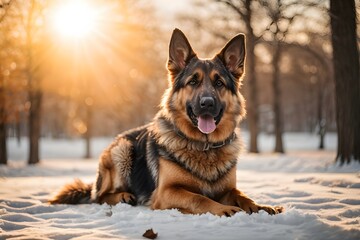German Shepherd outdoors in a park in winter snowy season during late winter sunset with a sun flares in the background. Generative Ai. - obrazy, fototapety, plakaty