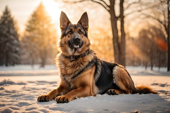 German Shepherd outdoors in a park in winter snowy season during late winter sunset with a sun flares in the background. Generative Ai.