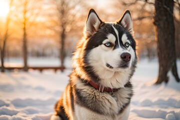 Obraz premium Siberian Husky outdoors in a park in winter snowy season during late winter sunset with a sun flares in the background. Generative Ai.