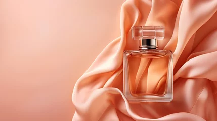 Poster Generative AI, Bottle of perfume on a orange silk background. Glass flask with orange fragrance packaging design mock up © Rymma