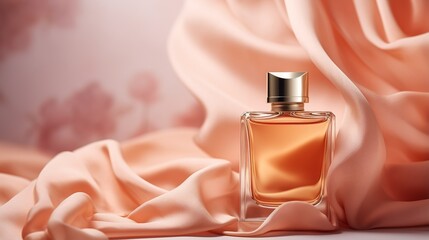 Generative AI, Bottle of perfume on a orange silk background. Glass flask with orange fragrance packaging design mock up - obrazy, fototapety, plakaty