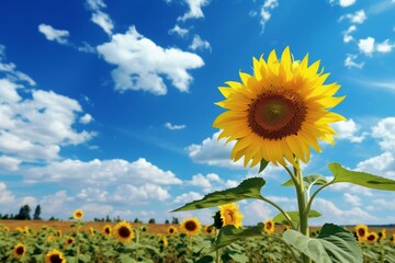 Sunflower in vast field under blue sky. Generative AI