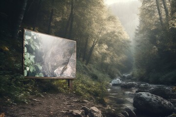Obrazy na Plexi  Transparent blank billboard mockup with serene forest scene and babbling brook. Generative AI