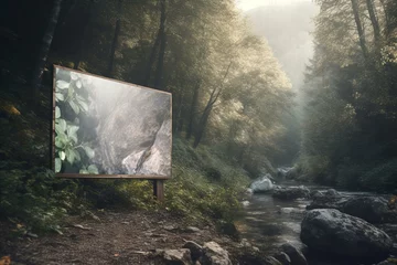 Fotobehang Transparent blank billboard mockup with serene forest scene and babbling brook. Generative AI © Christopher