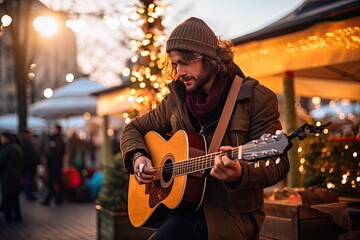 person playing guitar at christmas market