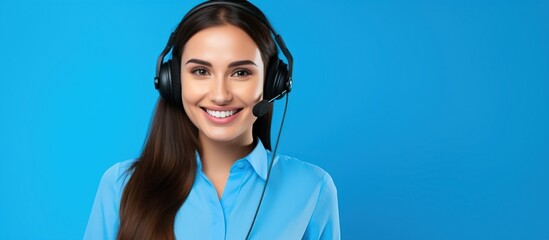 Young woman friendly customer support service operator with headset isolated on blue