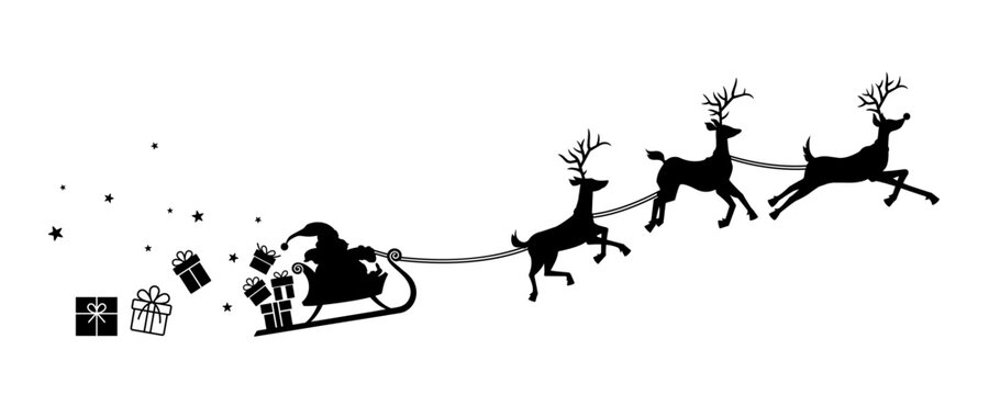 Santa Claus is flying in sleigh with Christmas reindeer. Silhouette of Santa Claus, sleigh with Christmas presents and reindeer