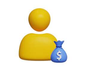 3D business investor icon. Salary and Wages concept. Investment or capital icon. Buyer account. User icon with money bag. 3d illustration