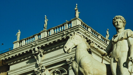 The Piazza del Campidoglio at twilight with the equestrian statue of Marcus Aurelius in the centre