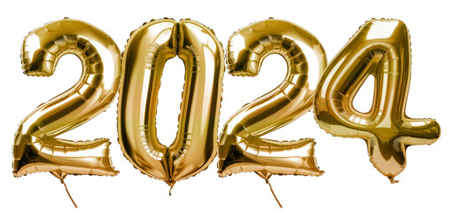 2024 gold happy new years mylar helium celebration balloon on transparent png isolated background
