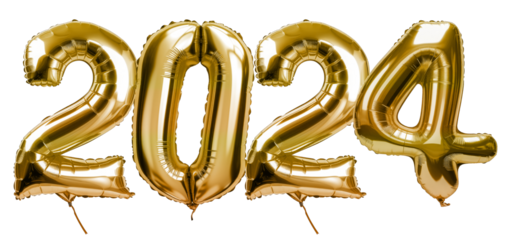 2024 gold happy new years mylar helium celebration balloon on transparent png isolated background