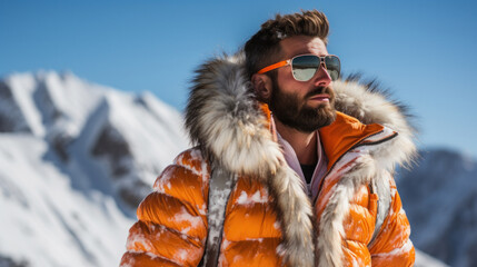 Handsome brutal man wearing orange parka and sunglasses. Fashion for men. Autumn, winter.