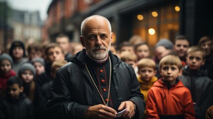 Katholischer Priester vor einer Gruppe Kinder in der Fußgängerzone einer Innenstadt an einem verregneten Nachmittag - obrazy, fototapety, plakaty