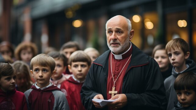 Katholischer Priester vor einer Gruppe Kinder in der Fu&szlig;g&auml;ngerzone einer Innenstadt an einem verregneten Nachmittag