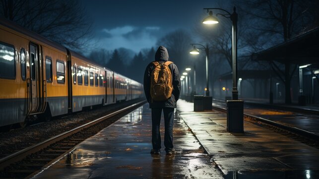 Einsamer Mann mit Rucksack steht am Abend auf einem leeren nassen Bahnsteig und schaut in Richtung mit Wolken bedecktem Horizont