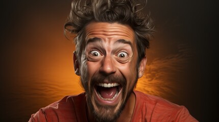 Lustiger Mann mit wenigen abstehenden Haaren, dominanter runder Brille und Schnurrbart macht &uuml;berraschtes leicht panisches Gesicht