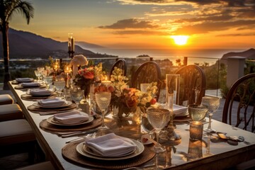 Fototapeta premium Dinner reception tablescape outside. Candles, green