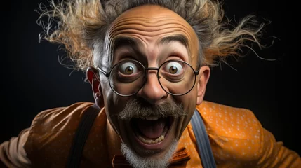 Foto op Plexiglas Lustiger Mann mit wenigen abstehenden Haaren, dominanter runder Brille und Schnurrbart macht überraschtes leicht panisches Gesicht © Maik Meid