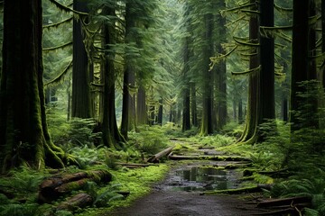 Beautiful forest in Port Renfrew, Vancouver Island, BC, Canada. Generative AI - obrazy, fototapety, plakaty