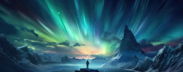Poster Nordlichter person stand on cliff look at the colorful sky with aurora borealis