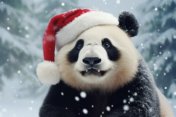 panda wearing santa claus hat snow background