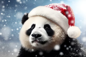 Fotobehang panda wearing santa claus hat snow background © Salawati