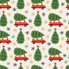 Vector seamless pattern with red car and christmas tree on the roof. Winter endless repeated texture with retro cars and Christmas deciration. Holiday ornament. 