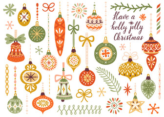 Vector set of Christmas ornaments hanging on ribbons. Vintage Xmas decorative elements are isolated on white. Cute hand drawing poster for Christmas and New Year.
