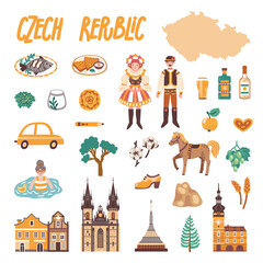 Vector icon set of Czech Republic's symbols. Travel illustration with Czech landmarks, people, food and symbols. 