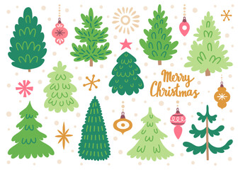 Vector set of christmas trees. Hand drawing winter background with fir tree, Christmas ornaments, stars and snowflakes. Holiday poster with Christmas symbols. Isolated on white.