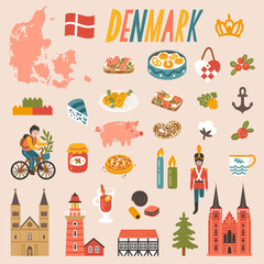 Vector icon set of Denmark's symbols. Travel illustration with Danish landmarks, food, drink and symbols. 