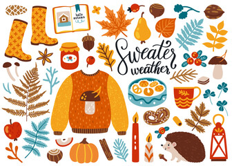 Vector set of autumn icons: sweater, falling leaves, cozy food, candles, book and cute hendgehog. Scrapbook collection of fall season elements. Bright background for harvest time. Autumn greeting card