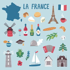 Vector icon set of France's symbols. Travel illustration with French landmarks, cheese, wine and symbols. 