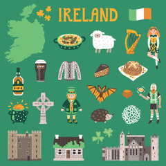 Vector icon set of Ireland's symbols. Travel illustration with Irish landmarks, people, food and symbols. 