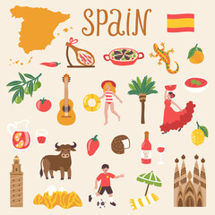 Vector icon set of Spain's symbols. Travel illustration with Spanish landmarks, food, people and symbols. 