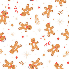 Vector holiday seamless pattern with ginger cookies and snowflakes. Winter repeated texture with gingerbread man. Christmas print for fabric and wrapping paper. Scandinavian style. Kids illustration.