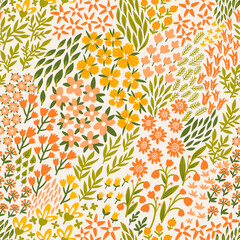 Vector flower seamless pattern. Endless repeated texture with flowers, leaves, branches. Floral background.