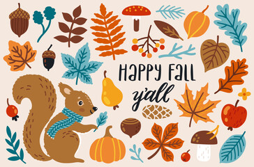 Vector autumn set with bright falling leaves, smiling squirrel and hand written text "Happy fall y'all". Collection of scrapbooking elements for harvest party. Icon set with cartoon character.